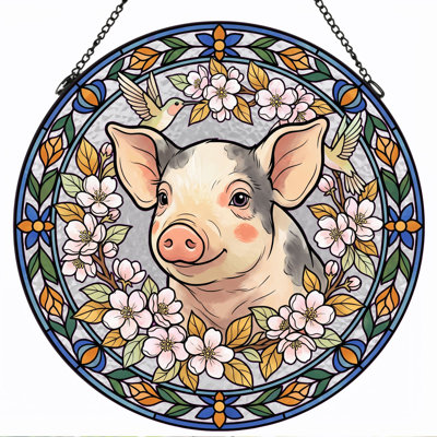Pig Floral Stained Glass Window Panel，12"H