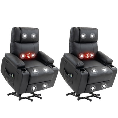 Set of 2 PU Leather Electric Power Lift Massage Recliner Chair with Cup Holders, Small Recliners for Small Spaces (Black)