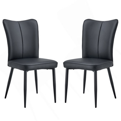 Modern Black PU Chair Set - Two Pieces, The Backrest Has A Vertical And Smooth Line Design.Black Metal Leg.Suitable For Placement In Kitchen, Living Rooms, And Other Venues.