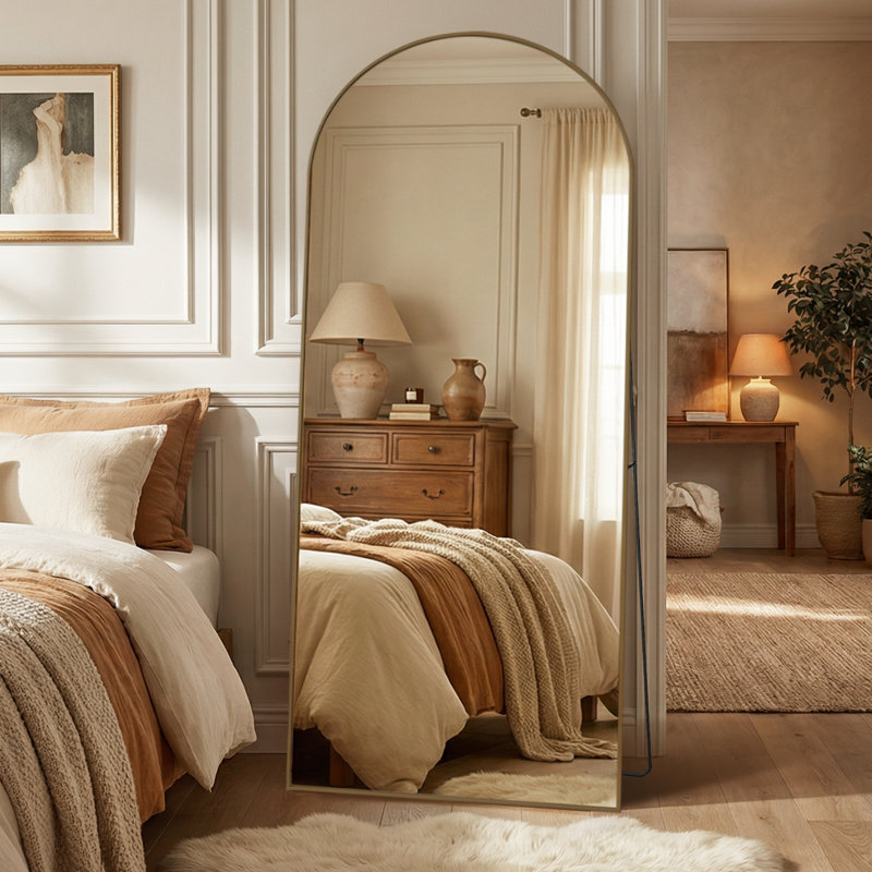 Oversized Arch Floor Mirror with Stand, Wall Mirror, Brushed Brass, 70" x 32"