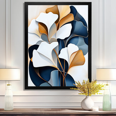 Ginkgo dans le silence doré III - Tableau encadré bleu de style Japandi moderne