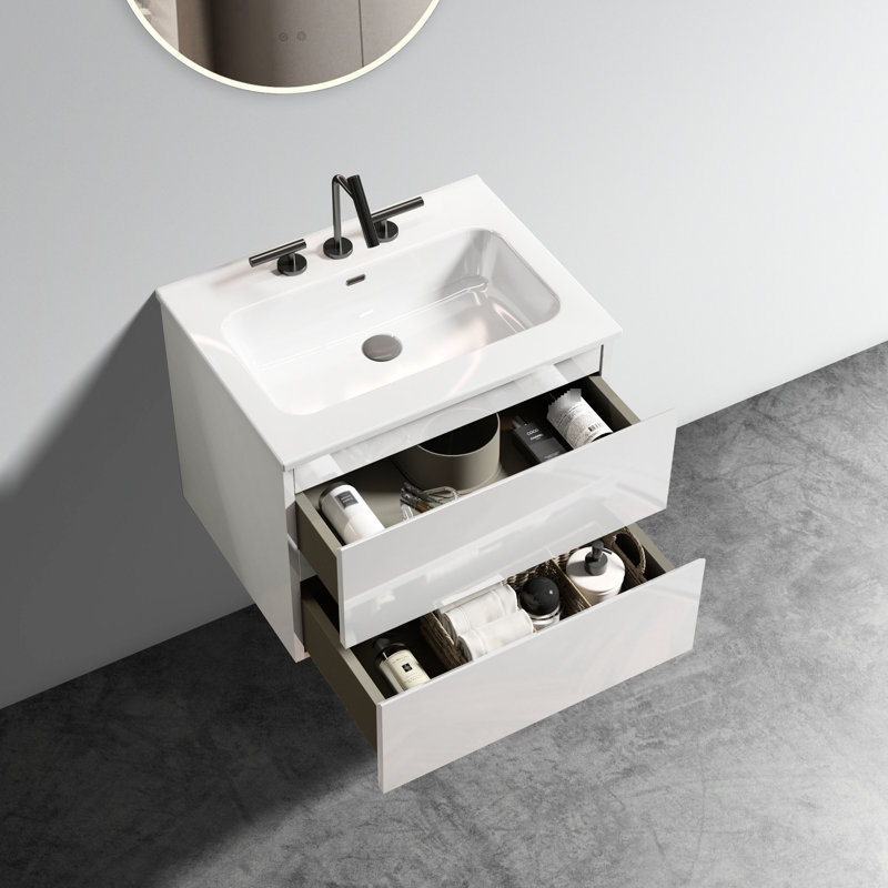 Meuble-lavabo mural blanc brillant de 61 cm (24 po) - Lavabo en céramique, 3 trous pour robinetterie, grand espace de rangement, silencieux, capacité de rangement importante.