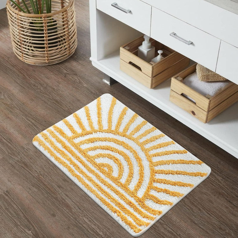 Boho Yellow White Sun Bath Mat - Non-Slip Microfiber Rug, 18x26" | Washable, Absorbent for Tub/Sink/Shower