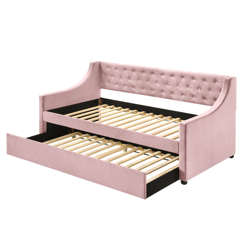 Daybed With Trundle Upholstered Tufted Sofa Bed, With Beautiful Round Armset Design, Twin, Pink