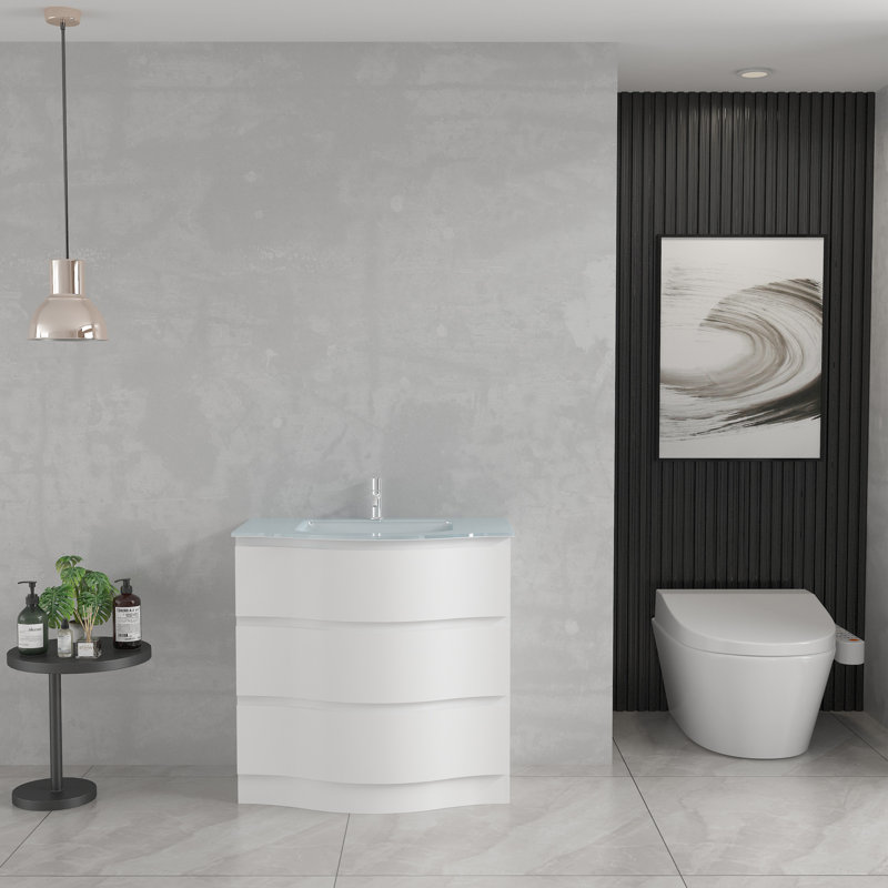 Naadiyah 30 po L x 20 po P 3 tiroirs Meuble-lavabo autoportant avec évier simple et Comptoir en Verre blanc