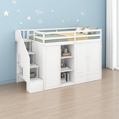 Functional Loft Bed With 3 Shelves, 2 Wardrobes And 2 Drawers, Ladder With Storage, No Box Spring Needed