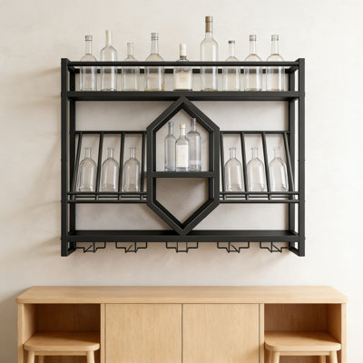 Wall Mounted Wine Rack With LED Lights, 3-Tier Floating Wine Shelf With Stemware Holders, Hexagon Design For Kitchen, Bar, Or Living Room Storage And