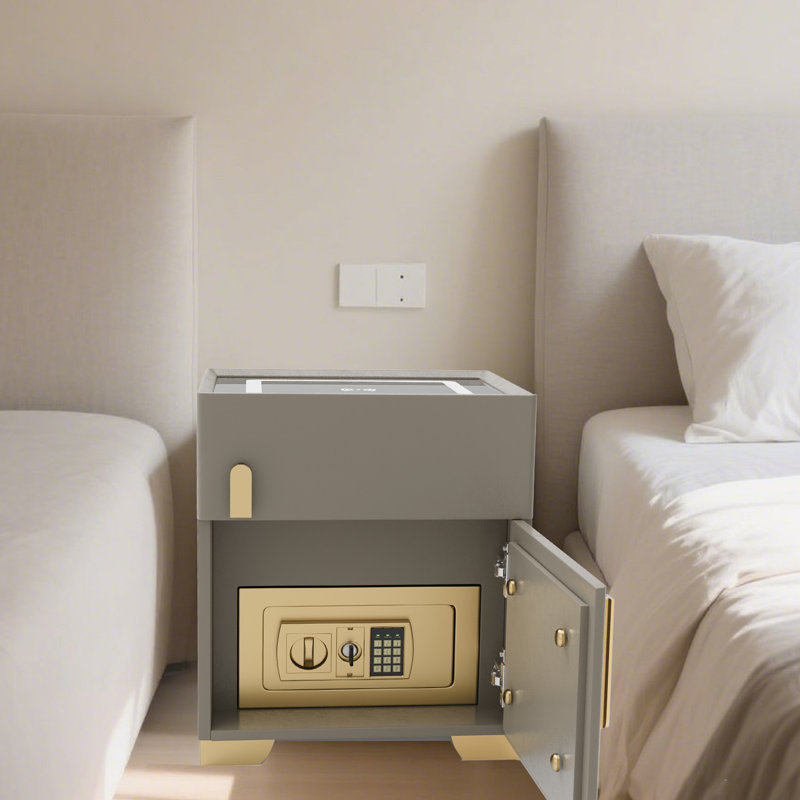Modern Nightstand With Safe Box And Led Lights And Wireless Charge, Light Brown