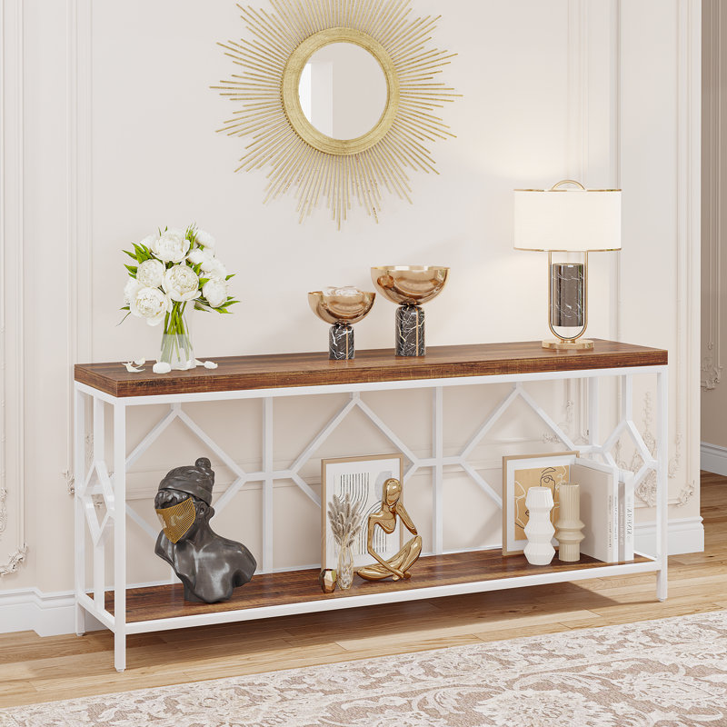 70.86'' Extra Long Entryway Accent Table, 2 Tier Console Sofa Tables, Brown/White