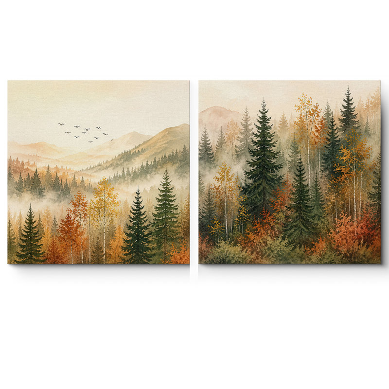 Misty Mountain Forest avec arbres à feuilles persistantes et tons chauds d'automne, ensemble de 2 reproductions d'art sur toile encadrées