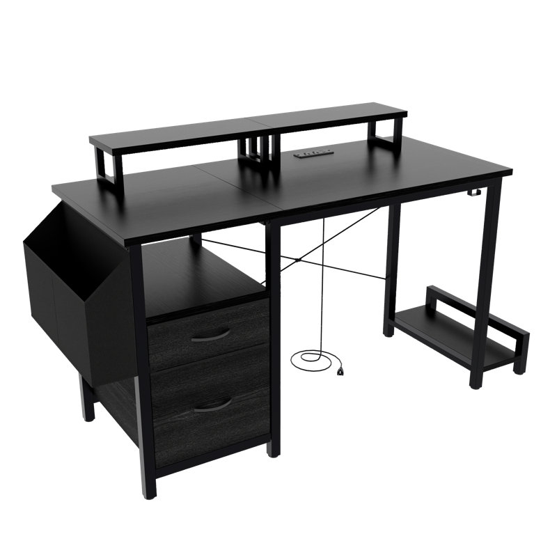 47.3"Office Desk With Power Outlet,2 Monitor Stands,2 Drawers,Side Pocket,Easy To Assemble,Frame Stability Reversible,Use For Home Desk, Computer Desk, Game Table