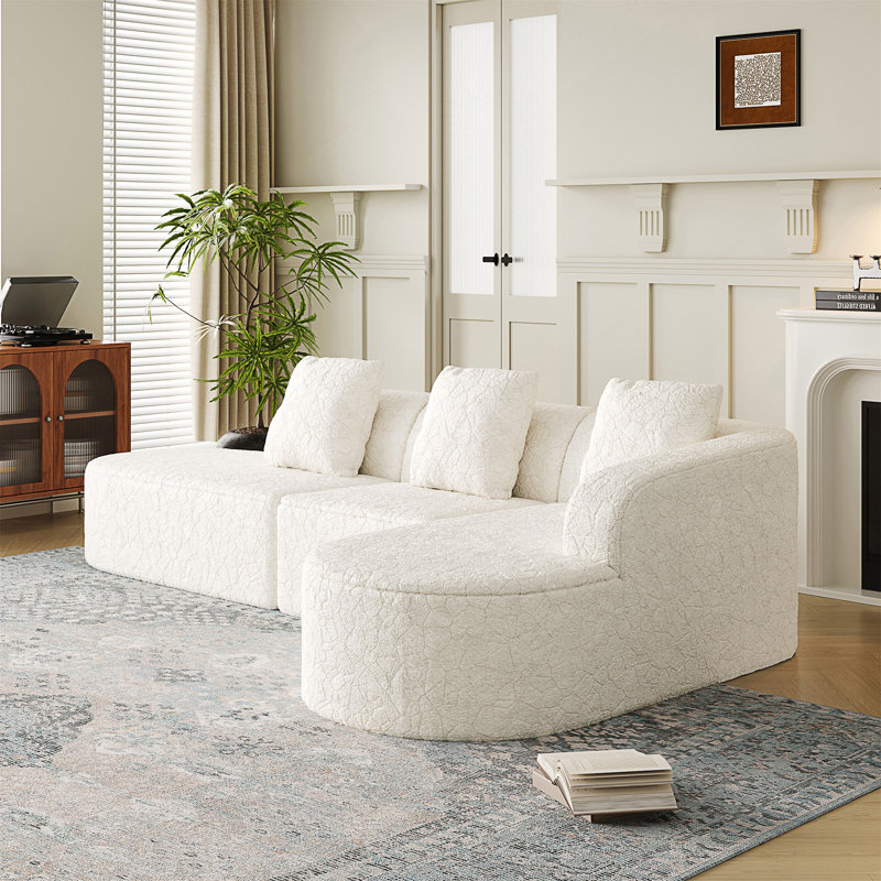 Canapé modulaire incurvé en forme de L de 111,8 pouces, design moderne avec tissu en polyester à poils longs texturé litchi, dossier incurvé avec trois coussins