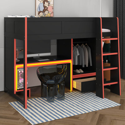 Gaming Loft Bed With Built-In Desk, Wardrobe, LED And A Drawer, No Box Spring Needed, Sturdy Wood Frame For Bedroom