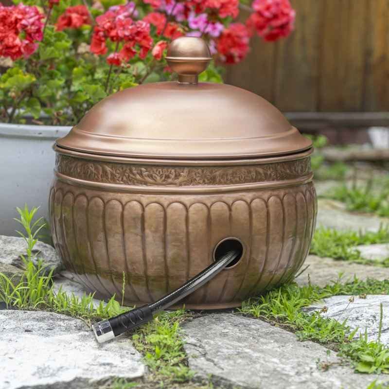 Copper Finish 19" Steel Garden Hose Pot with Lid
