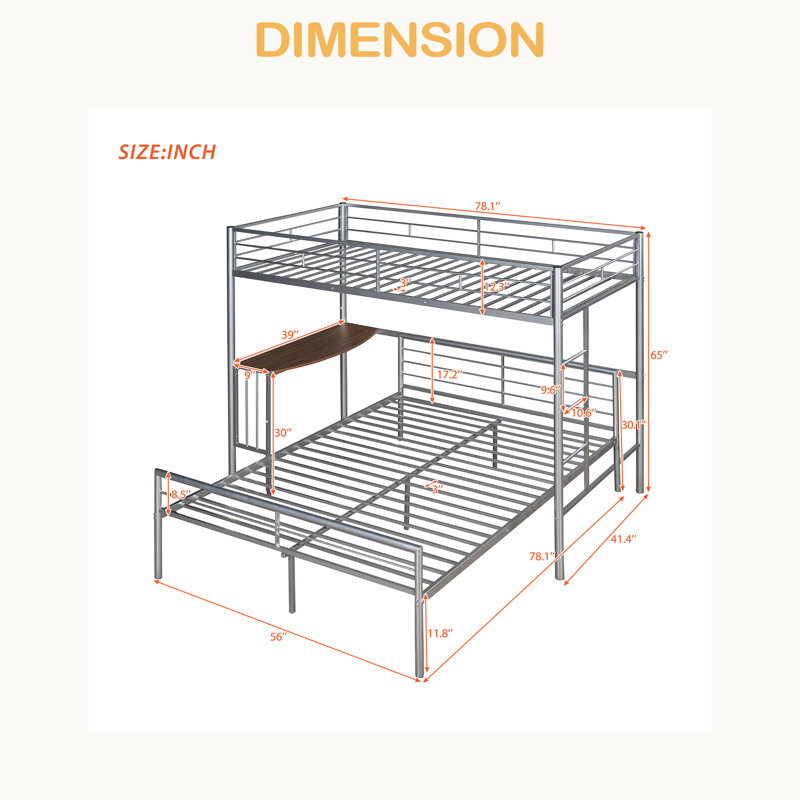 Lit superposé simple au-dessus d'un lit double en métal avec bureau, échelle et lattes de qualité pour la chambre à coucher