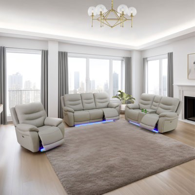 3-Piece Breathing Leather Power Recliner Sofa Set With LED Light,USB Port, And Storage Console