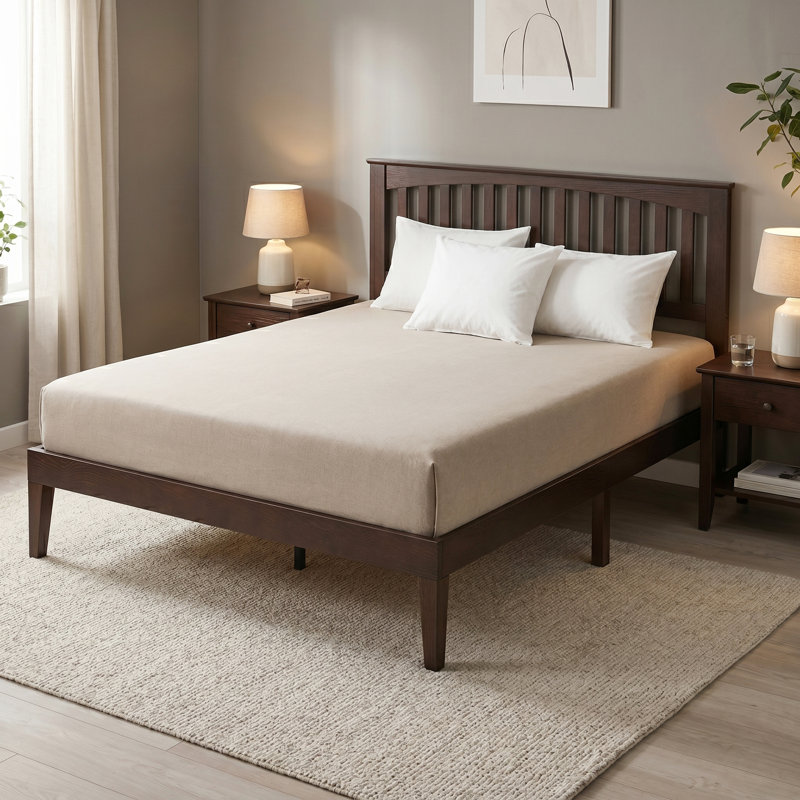 Moriel Queen Size Transitional Modern Solid Wood Platform Bed Frame, MOB-42-Q, with Shaker Headboard, Espresso Oak, No Box Spring Needed