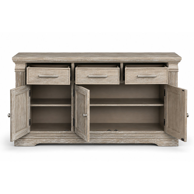Hewitt 60" Transitional Sideboard – Wire-Brushed Gray · 3 Drawers & 2 Cabinets · Nickel Tone Hardware