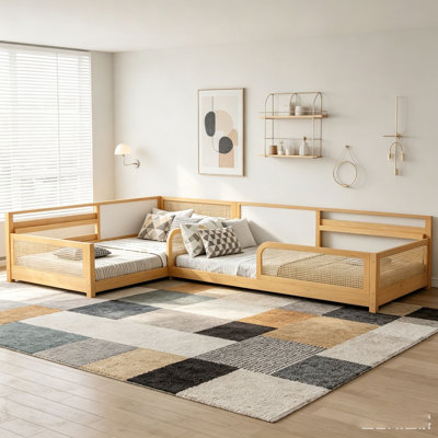 Structure de lit simple en L pour 2 enfants, lits convertibles détachables avec tableaux blancs, lit pour enfants en rotin avec étagères et lumières