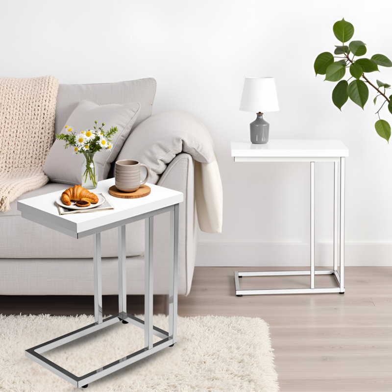 Sofa Side Table Set of 2 – Modern C Shaped End Tables – Laptop Trays or Compact Bedside Nightstands – Space Saving Furniture by Lavish Home (White)