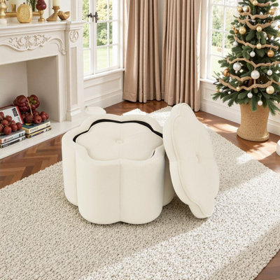2-Piece Flower-Shaped Storage Ottoman Set, Velvet Upholstered, Multi-Functional Footrest & Storage Bench