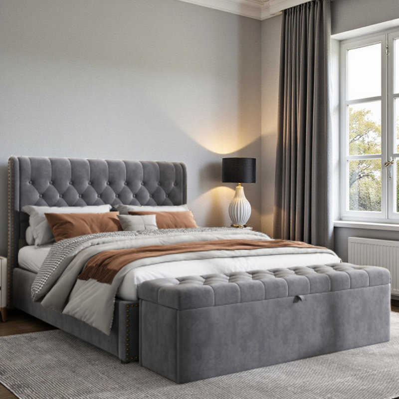 Caddo Velvet Upholstered Bed With Hydraulic Lever, Functional Storage Bed, Rivet Decoration, Grey, Kingsize (5')