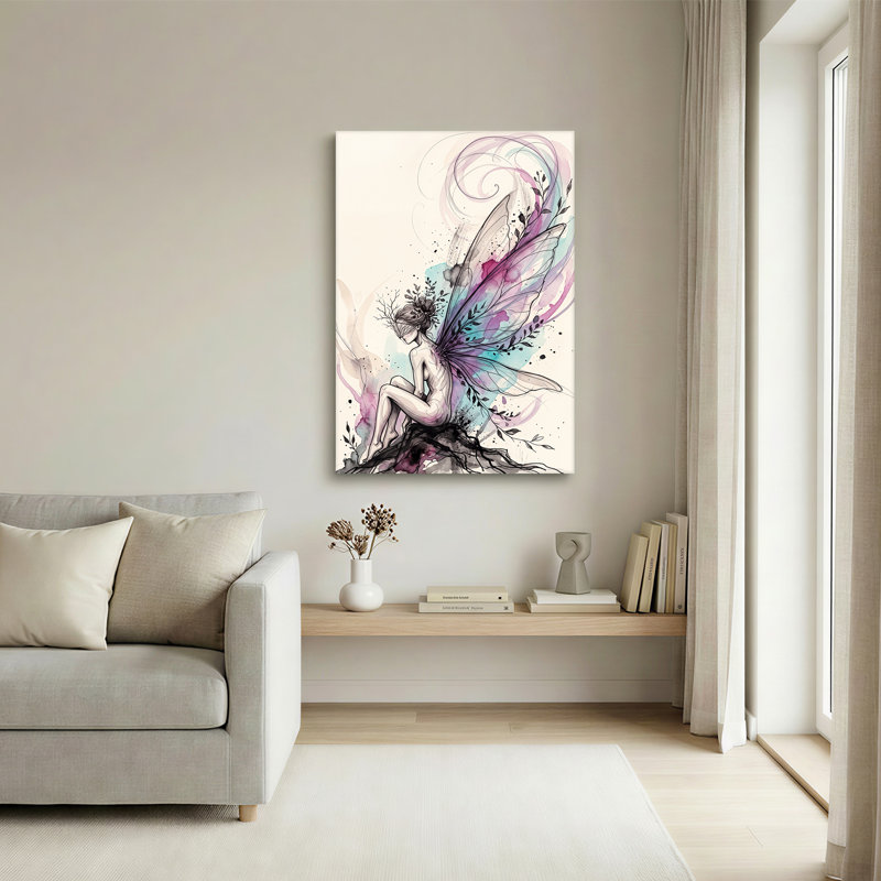 Impression sur toile, fée fantaisie avec ailes d'aquarelle mauves et bleues, 30"H x 20"W