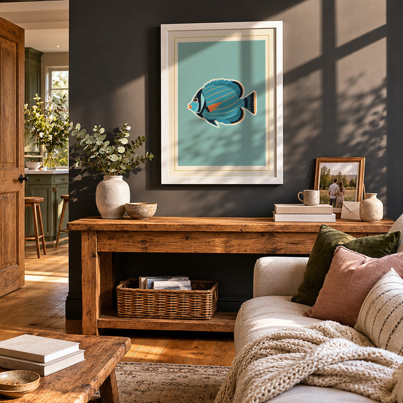 Striped Tropical Fish Mid-Century - Framed Print, A2 - 59.4 x 42.0 cm, White