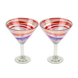 EASTERN ART GLASS HAND MADE MARTINI GLASSES, RED & WHITE SWIRL