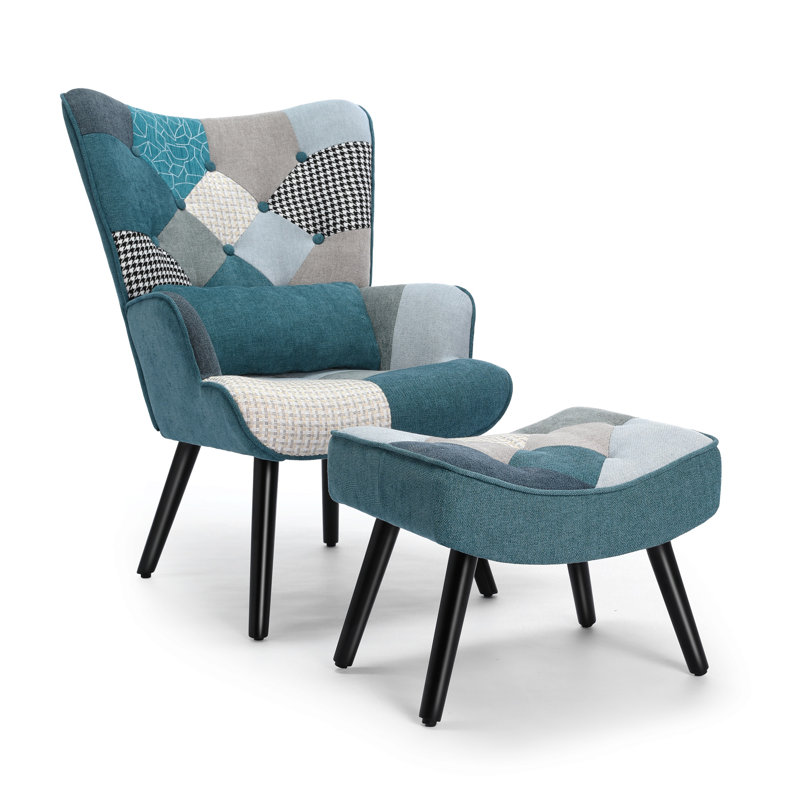 Kade Upholstered Linen With Footstool Armchair, Blue Multicolour