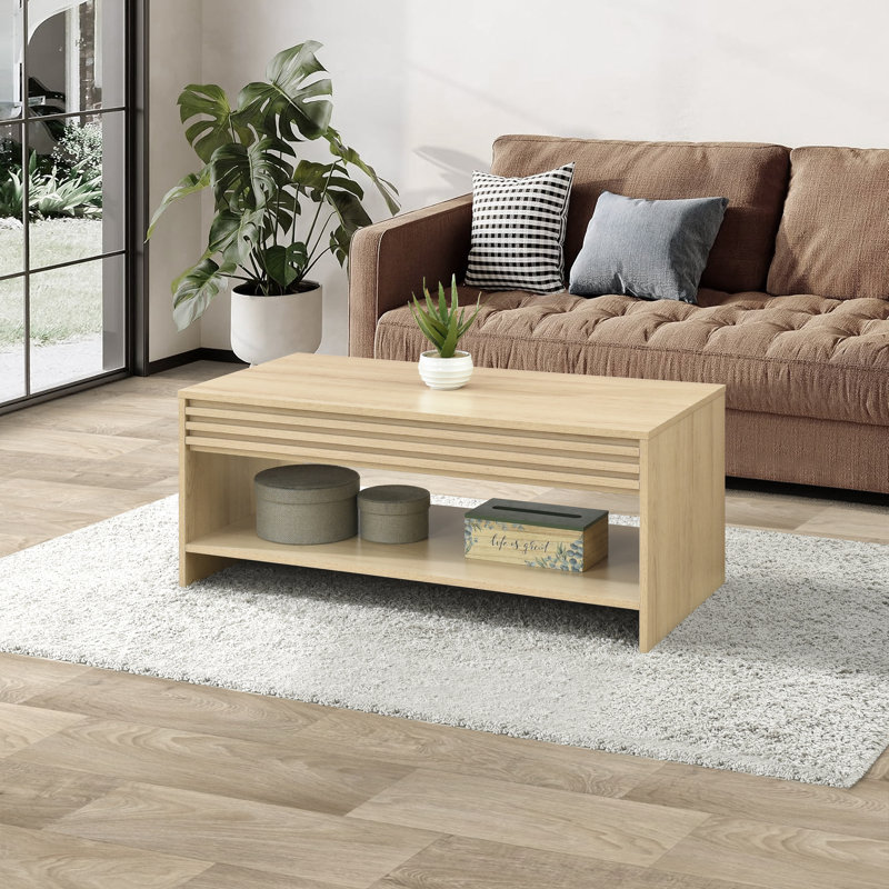 Abba 39.4" W Mid Century Modern Rectangular Coffee Table with Slatted Detailing, Oak