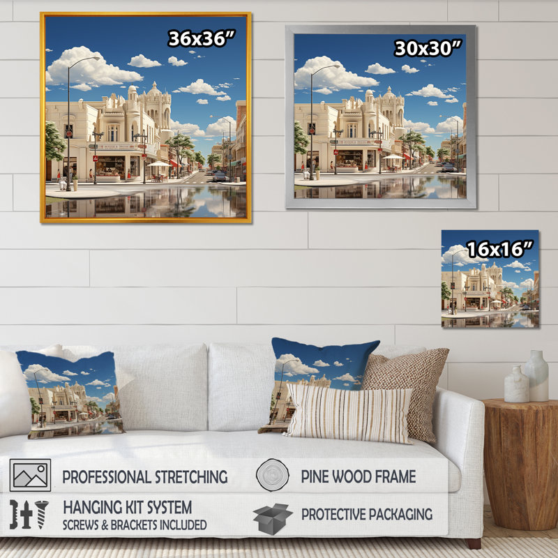 Paysage urbain rétro crémeux aux États-Unis sur toile, Cadre simple noir, H 36 po x l 36 po x P 1,5 po