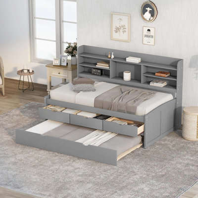 Wooden Captain Bed With Built-In Bookshelves, 3 Storage Drawers And Trundle
