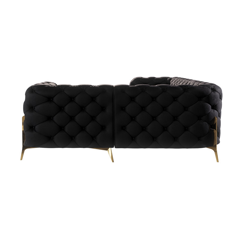 Chesterfield Corner Sofa L-Shape  with Gold Metal Legs, Black, Left Hand Facing