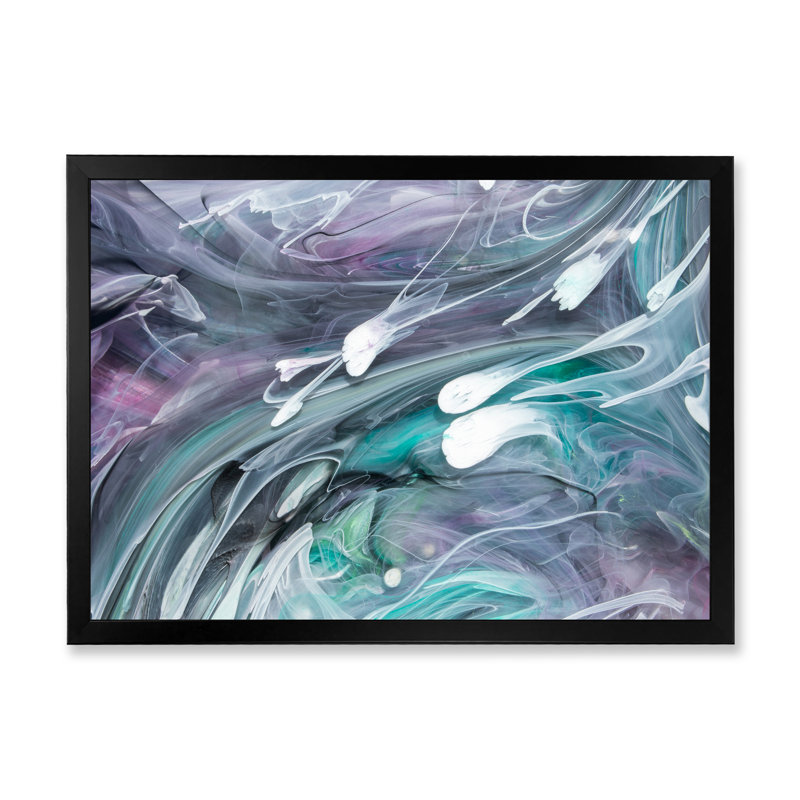 Turquoise et mauve liquide Flow Art II - œuvre d'art moderne sur toile, Impression noire sur toile encadrée