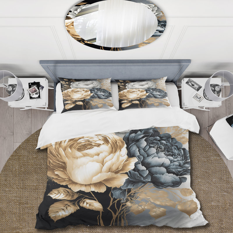 Ensemble de housse de couette floral rose, blanc, doré et noir I - rose, Housse de couette pour grand lit et 2 taies décor