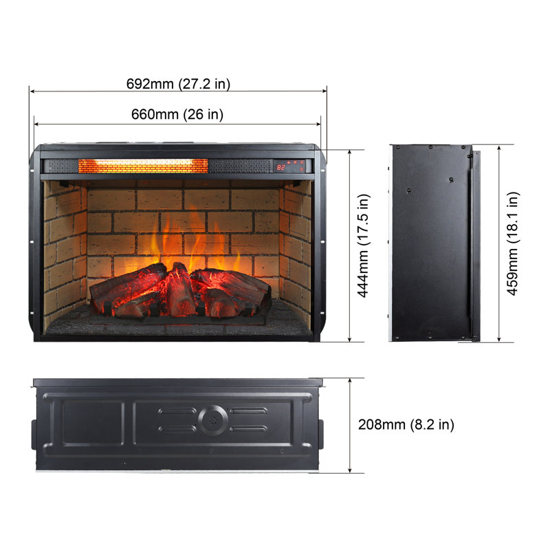 Infrared Quartz Heater Fireplace Insert - Woodlog Theme With Brick, 1500W Heat Output, 4 Flame Brightness Options, Protected Heating 26 Inch Edition Supply,