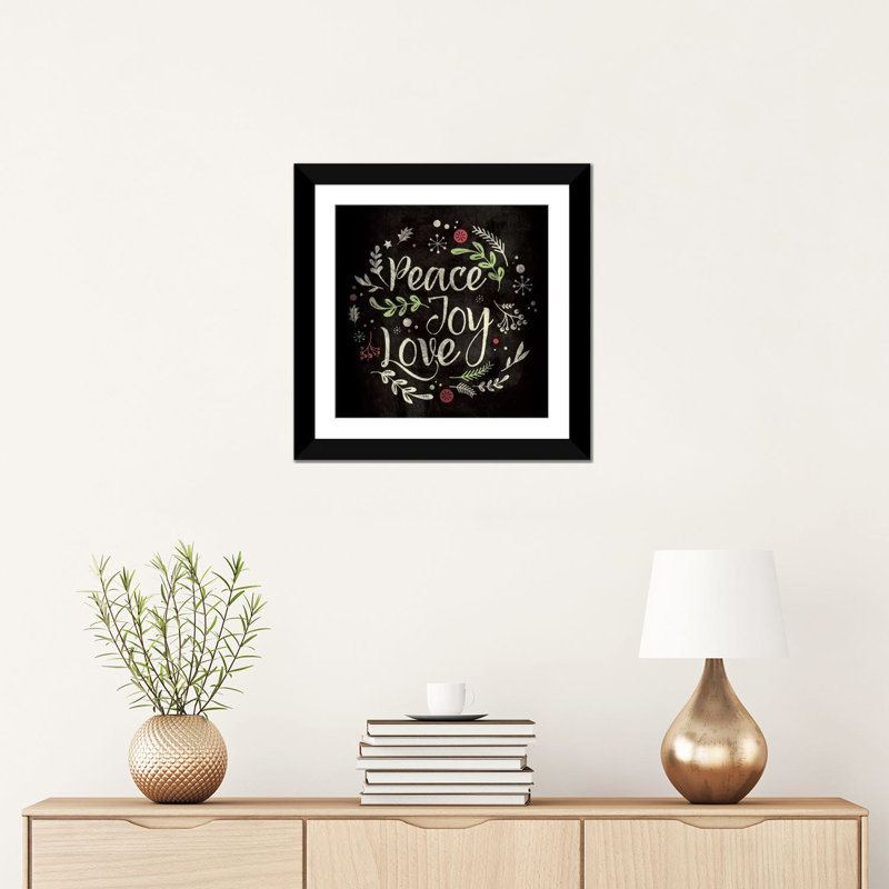 « paix joy love », art textuel sur toile tendue, H 16 po x l 16 po x P 1 po, Papier beaux-arts encadré noir, Blanc