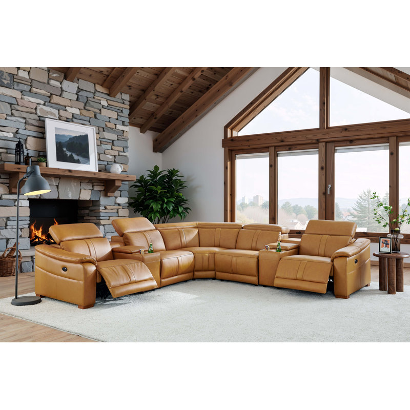 Berkhamsted Leather Recliner Theater Set, Ginger Leather Match, Brown Wood