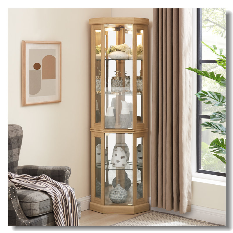 Light Oak Corner Glass Lighted Curio Cabinet