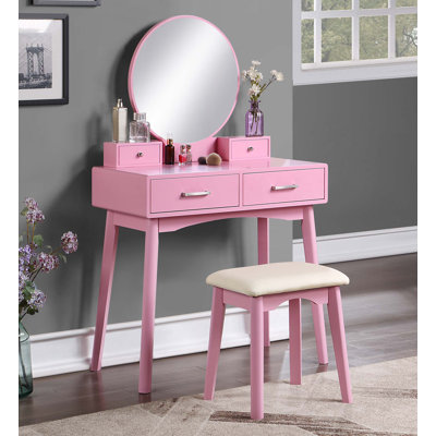Contemporary Wood Vanity and Stool Set,with Two Drawers