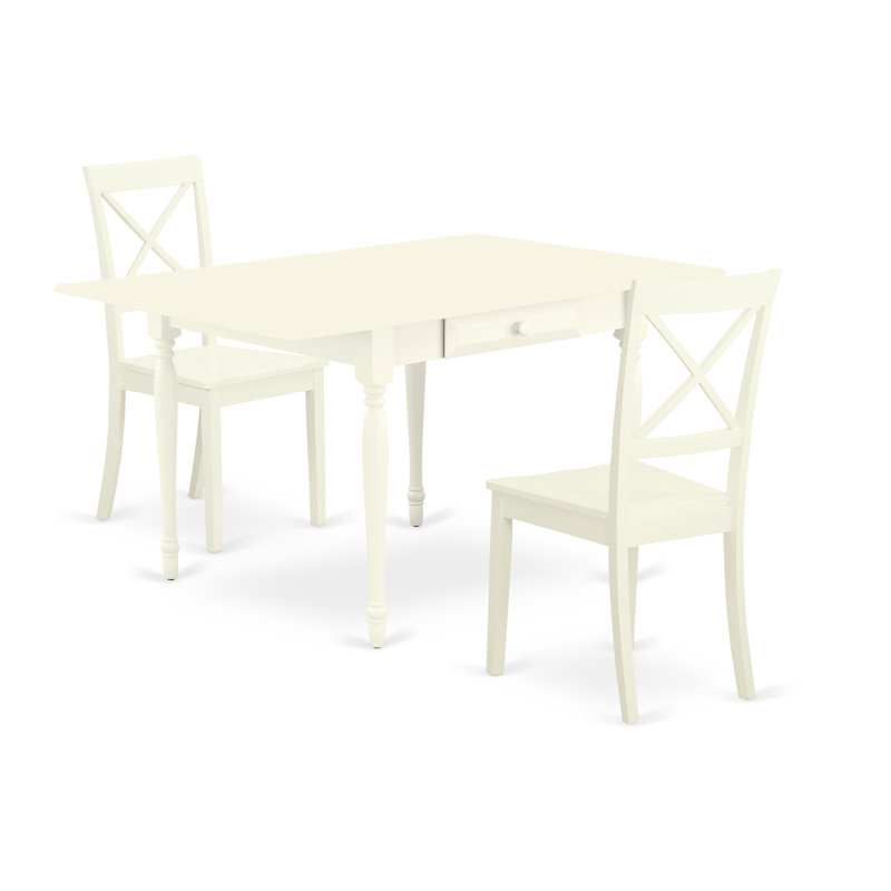 3 Piece Dining Table Set for Small Spaces Contains a Rectangle Dining Room Table with Dropleaf and 2 Wood Seat Chairs, Linen White