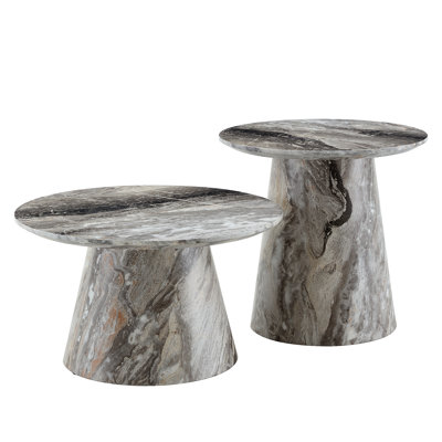 Nested coffee table, medieval-modern style coffee table, featuring grey veneer, classic round coffee table and side table set, simple living room, off