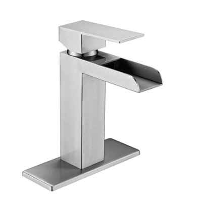Robinet de salle de bain cascade or brossé - poignée simple. Fixé sur le pont pour la salle de bain. Acier inoxydable. Bonde escamotable et trop-plein. Contrôle précis du débit d'eau. 1,2 gallon par minute 9/16 po Taille de la connexion. Bec 5,9