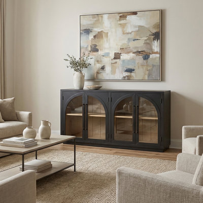Large Storage Sideboard With Glass Doors And Unique Arched Design For Dining Room
