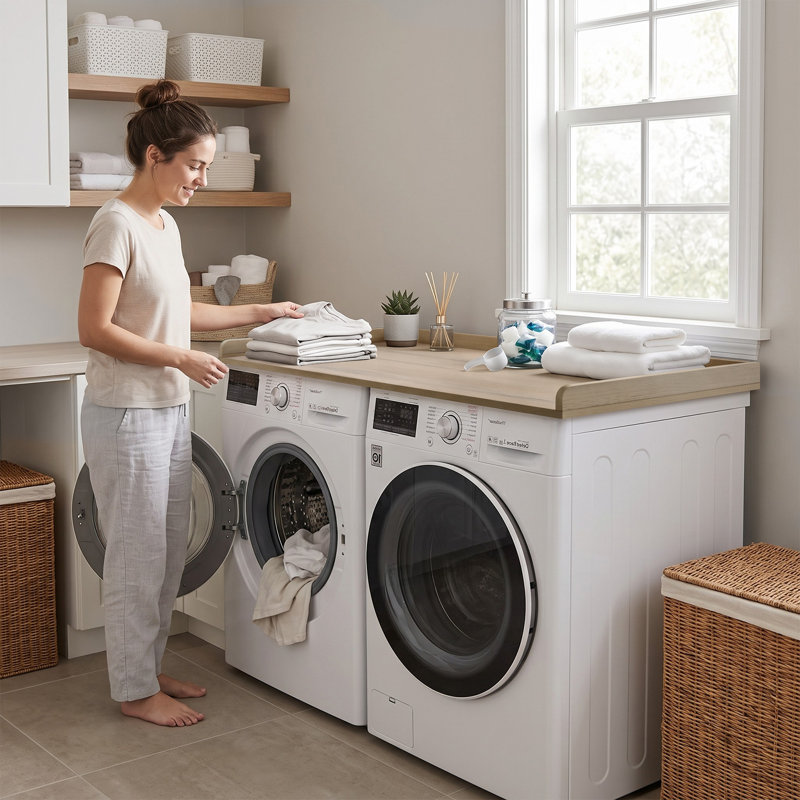 Comptoir de laveuse-sécheuse avec rails de bordure Kaboon, 27,5 po x 54 po, rangement pour salle de lavage, Chêne