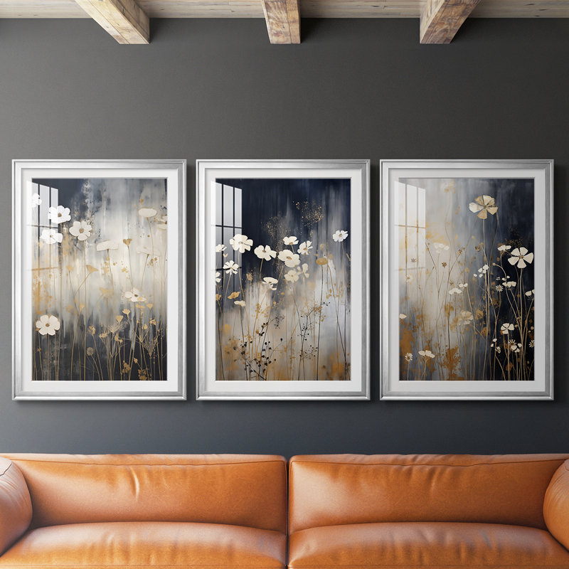 FLORAL Series CDI - Impression sur mesure encadrée de qualité supérieure - 3 pièces, Argent argent, H 15 po x l 19 po