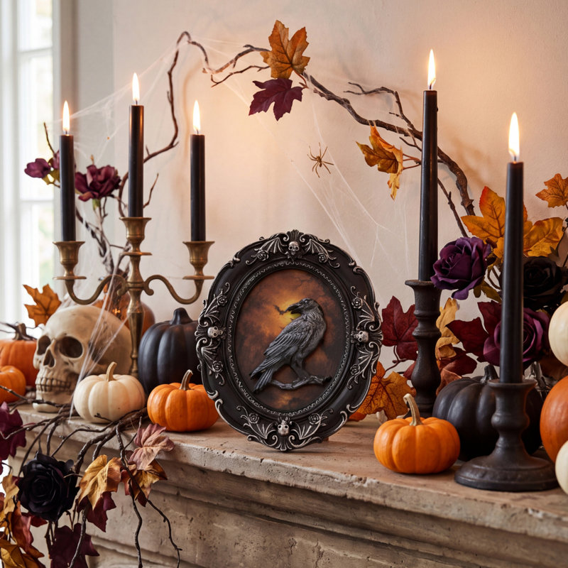 Plaque murale 3D gothique en résine, représentant un corbeau, avec un motif sculpté en relief. Décoration murale suspendue, style vintage sombre, idéale pour une fête d'Halloween ou comme cadeau.