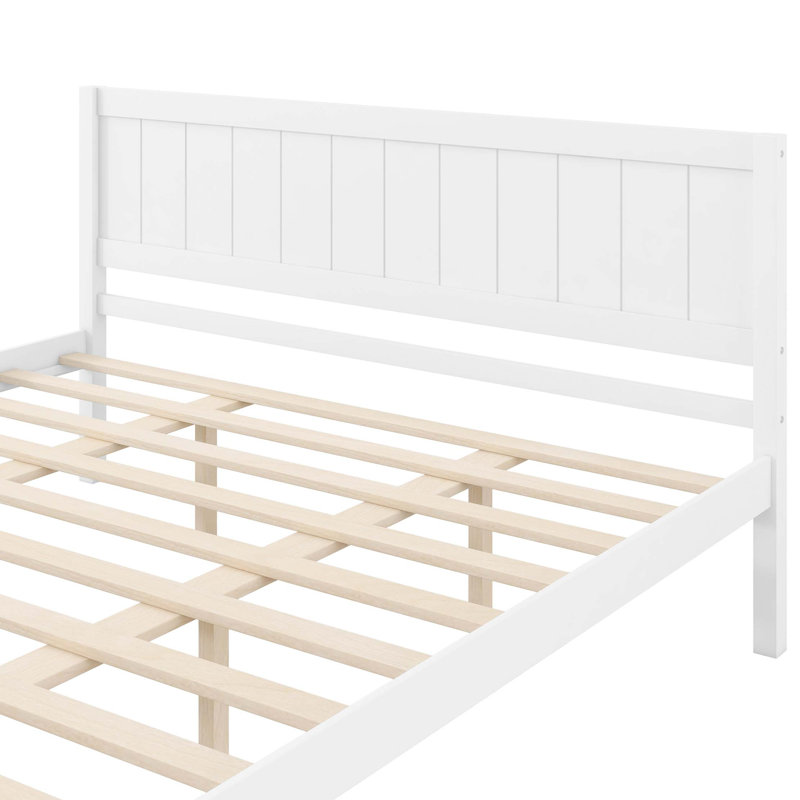 Base de lit plateforme avec tête de lit, support à lattes de bois, aucun sommier nécessaire, Blanc