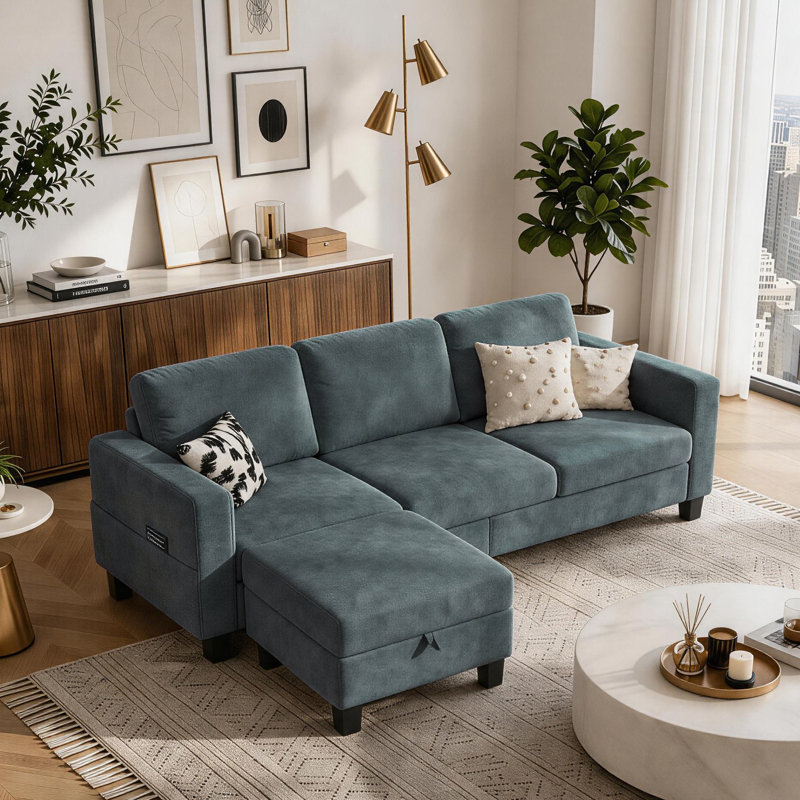 78'' Upholstered Sofa Couch With Storage Ottoman, Light Gray